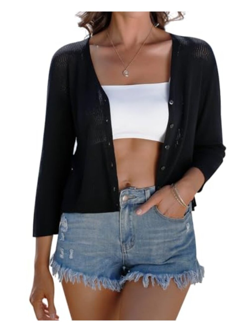 Crochet Cardigan Women 3/4 Sleeve V-Neck Button Down Knit Shrug Sweater